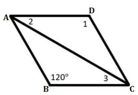 This is a rhombus. Using its properties, what is the measure of: Angle 1: ___ degrees-example-1