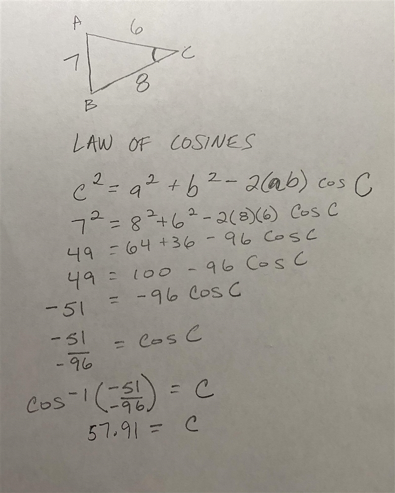 Construct the triangle ABC, with AB = 7cm, BC = 8cm, and AC = 6cm.Measure and state-example-1