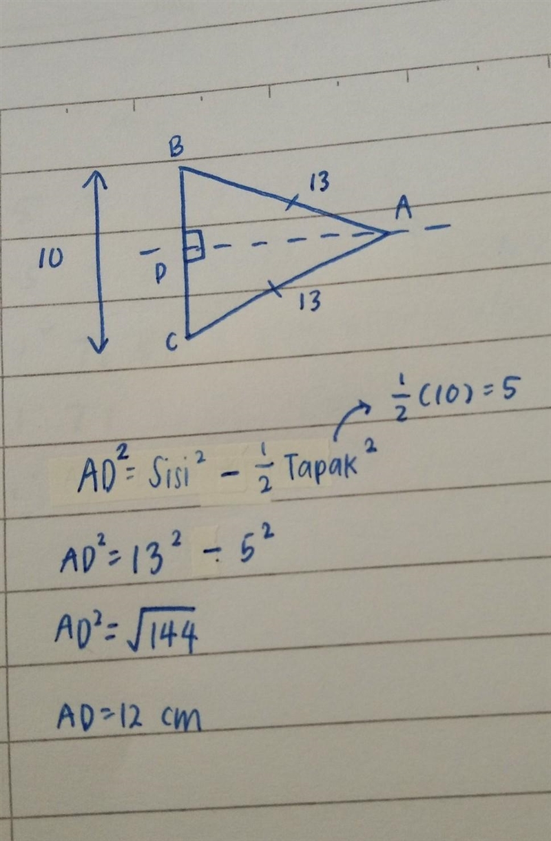 pada gambar di bawah, BC tegak lurus AD, AB = AC panjang AB = 13 cm dan BC = 10 cm-example-1