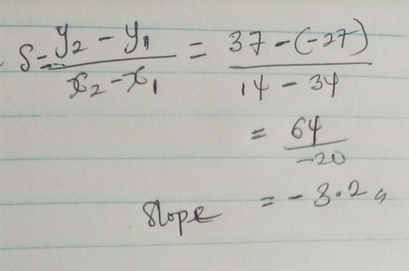 What is the slope of the line containing the point (34,-27) and (14, 37)-example-1