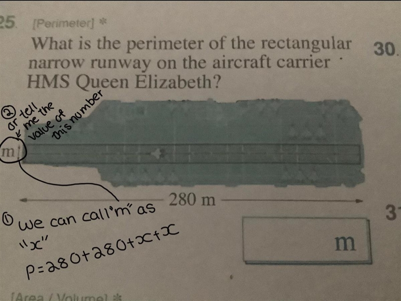 What is the perimeter of the rectangular narrow on the aircraft carrier HMS Queen-example-1