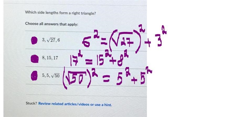 Which side lengths form right triangles? Please help-example-1