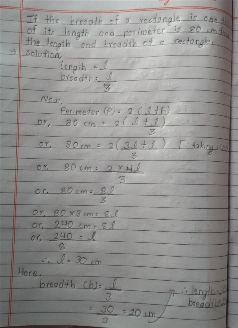 if the breadth of a rectangle is one third of its length and perimeter is 80 cm find-example-1