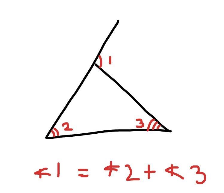 The measure of an exterior angle of a triangle is equal to the sum of the measure-example-1