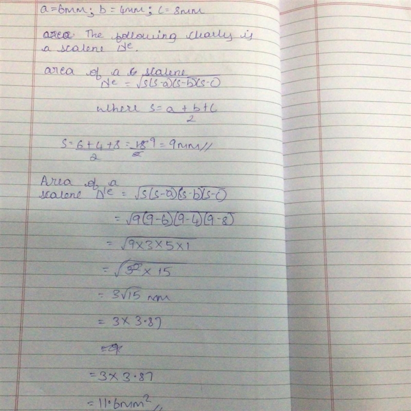 Find the area of a triangle with legs that are: 6 mm, 4 mm, and 8 mm. A. 16.4 mm B-example-1