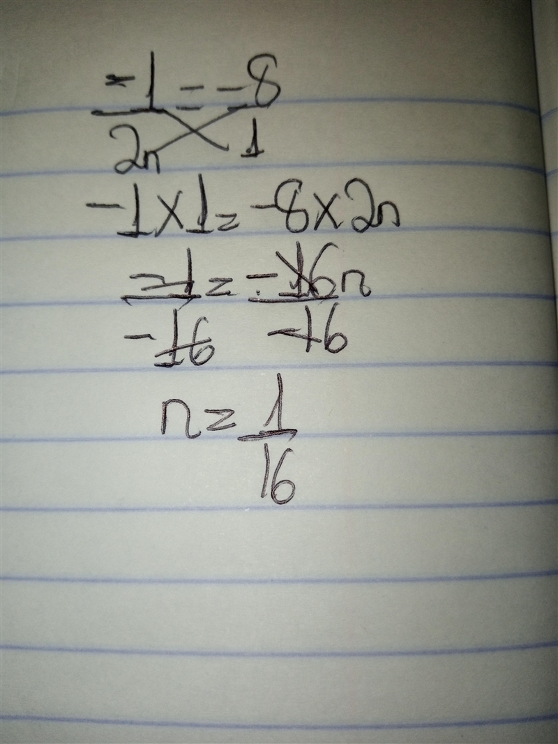 What does n equal -1/2n=-8-example-1