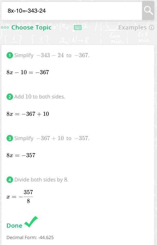 Solve for : 8x - 10 = -34 3 -24 hp w​-example-1