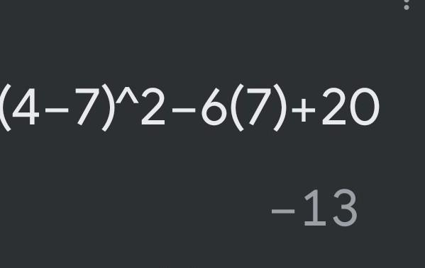 Evaluate each expression using the order of operations (4-7)^2-6(7)+20-example-1