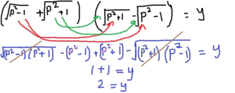 Solve for y (sqrt(p^2-1)+sqrt(p^2+1))(sqrt(p^2+1)-sqrt(p^2-1))=y-example-1