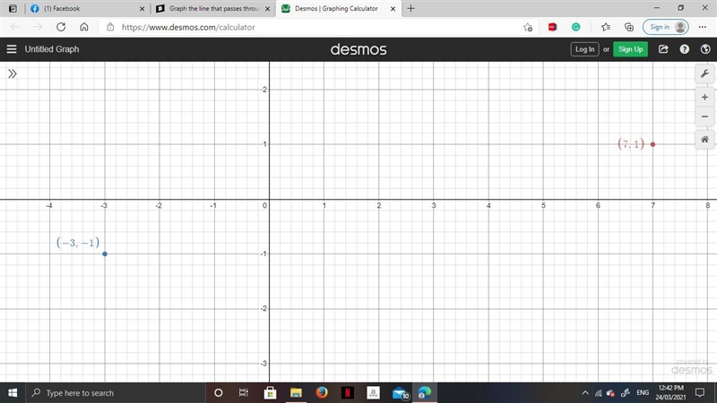 Graph the line that passes through the points (7, -1) and (-3,-1) and determine the-example-1