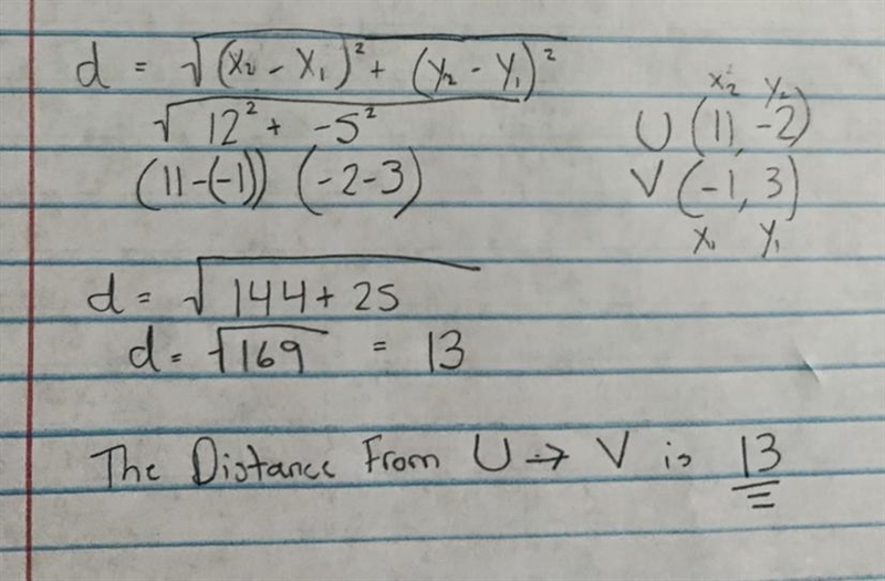 Find the distance between the points U(11, -2), V(-1,3)​-example-1