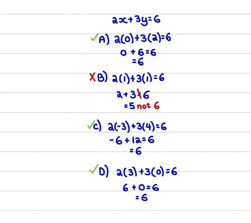 The option which is not a solution of the equation 2x + 3y = 6 is: (A) (0, 2) (B) (1, 1) (C-example-1