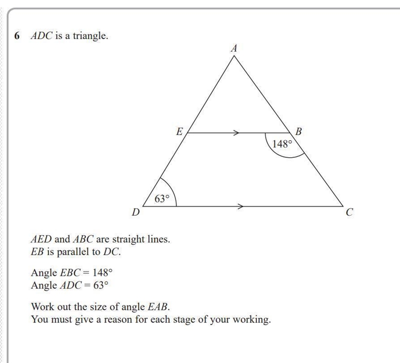 ADC is a triangle. AED and ABC are straight lines. EB is parallel to DC. Angle EBC-example-1