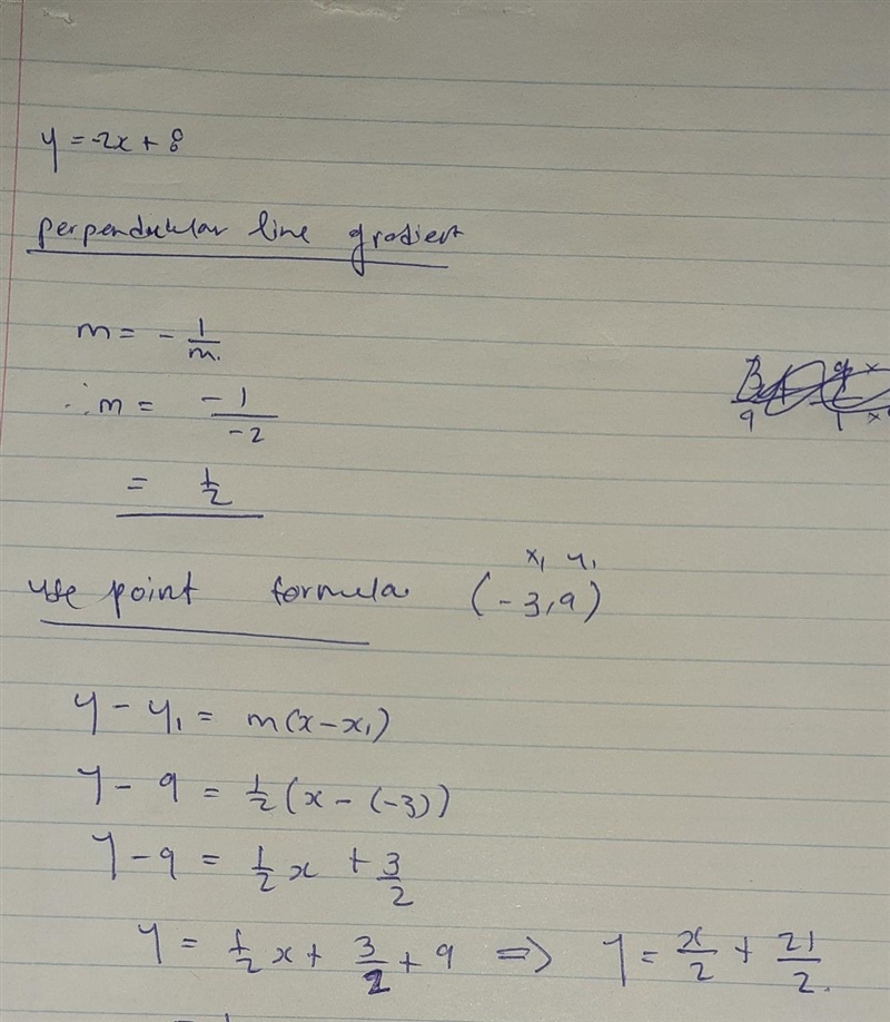 Identify an equation in point-slope form for the line perpendicular to y= -2x + 8 that-example-1