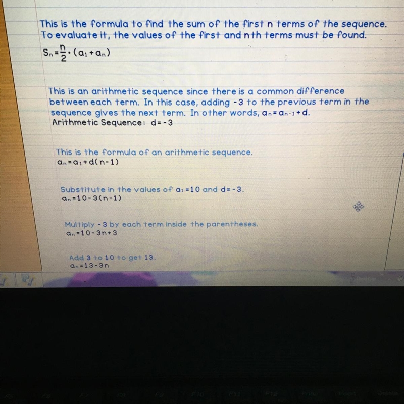 An arithmetic sequence is shown below. 10, 7, 4, 1, -2, ... Which function describes-example-1