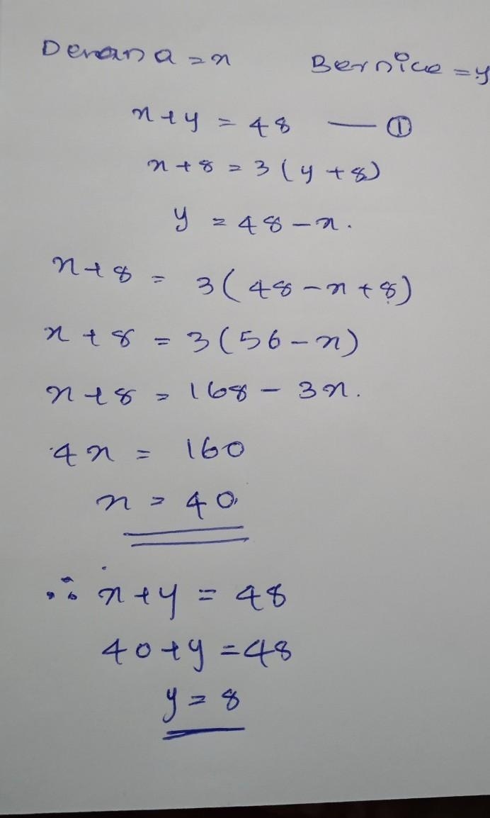 Deana and Bernice are pen pals. The sum of their ages is 48 years. Eight years from-example-1