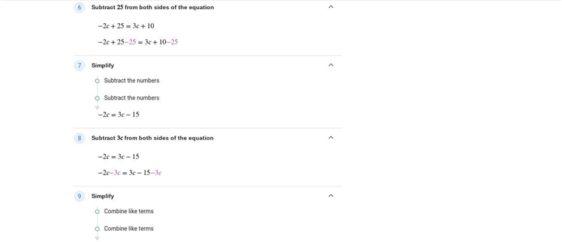 What is the answer of c 28-(2c+3)=2(c+5)+c-example-4