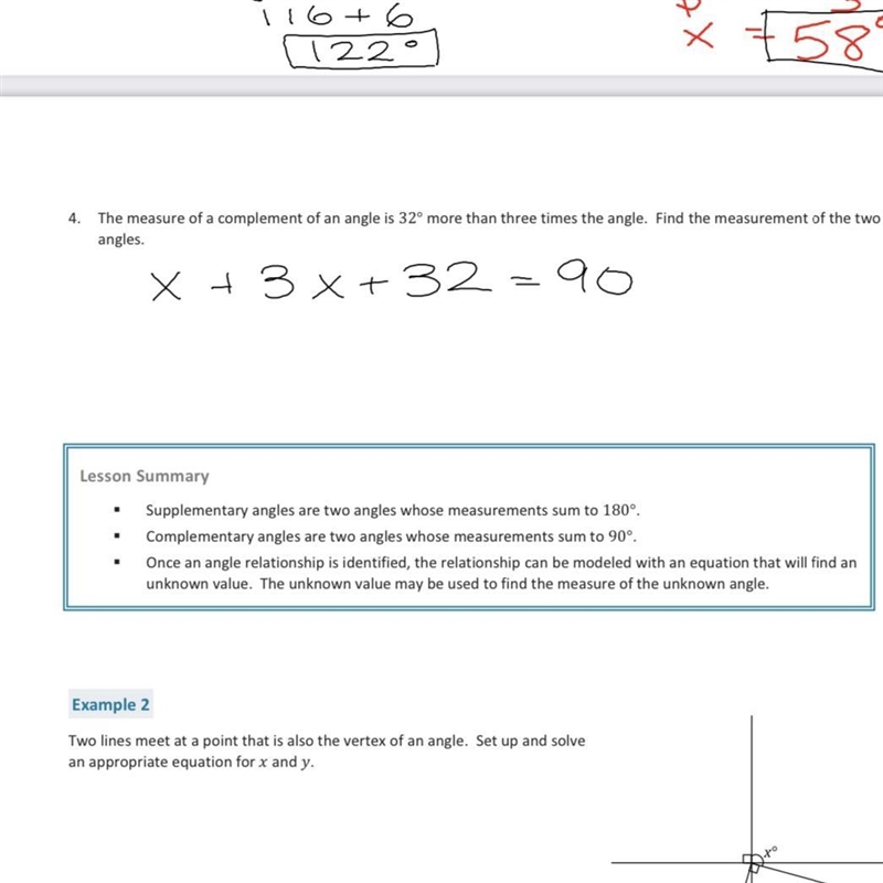 The complement of an angle is 32 more than three times the angle. what are the angles-example-1