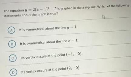 The equation y=2(x-1)^2-5y=2(x−1) 2 −5y, equals, 2, left parenthesis, x, minus, 1, right-example-1