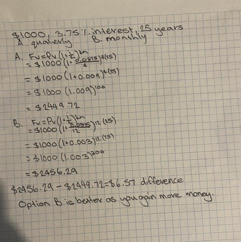 3. Sally is going to invest $1000 in a CD that earns 3.75% interest compounded quarterly-example-1