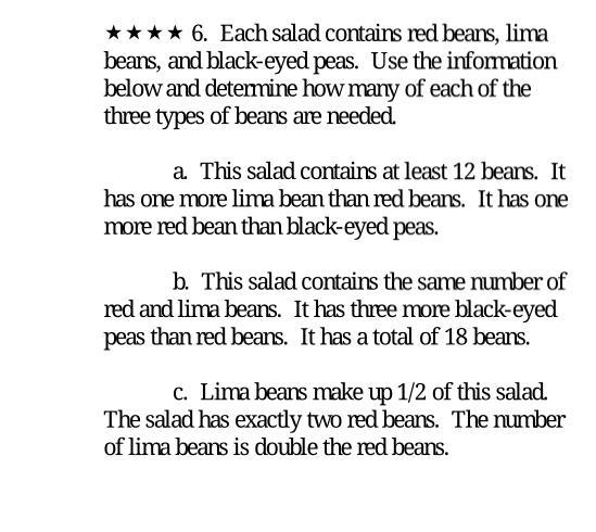 Each salad contains red beans, Lima beans, and black eyed beans. Use the information-example-1