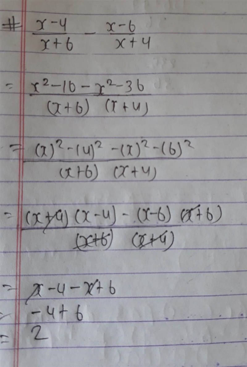 Simplify please help me (x - 4)/(x + 6) - (x - 6)/(x + 4) ​-example-1