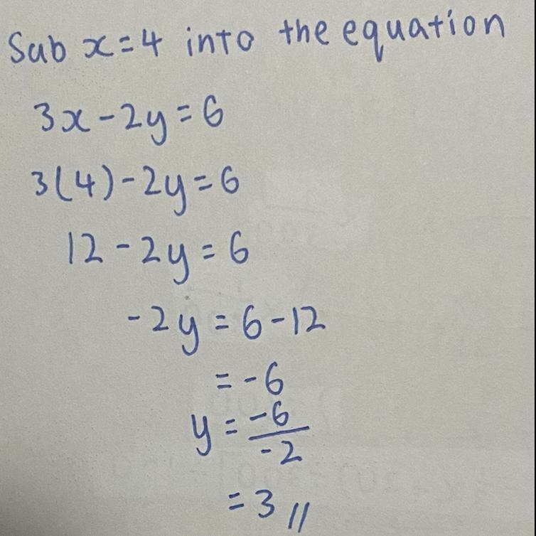 When x = 4, what is the value of y in the equation 3x - 2y = 6?-example-1