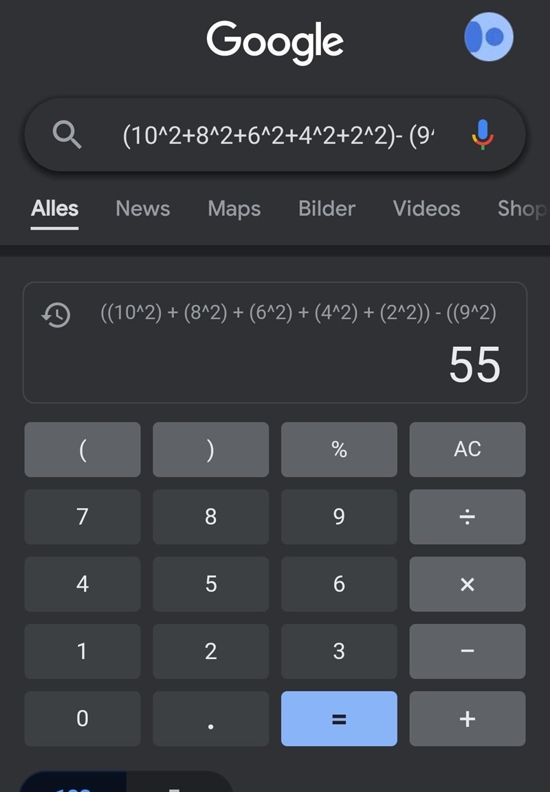 (10^2+8^2+6^2+4^2+2^2)- (9^2+7^2+5^2+3^2+1^2)-example-1