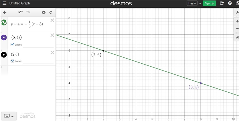 Find the slope of the line through each pair of points 8,4 2,6?-example-1