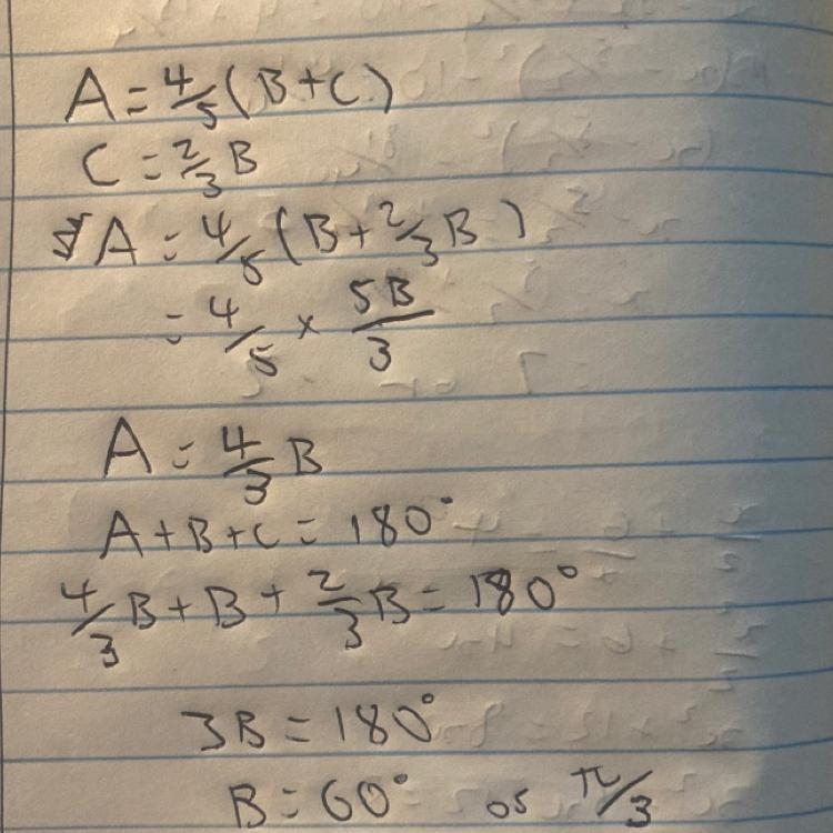 The angle A of a triangle ABC is 20% less than the sum of other two angles. If angle-example-1