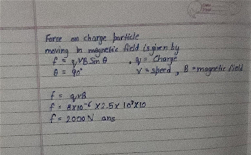 An 8μC charge is moving through a 10T magnetic field at a speed of 2.5⋅107 m/s perpendicular-example-1