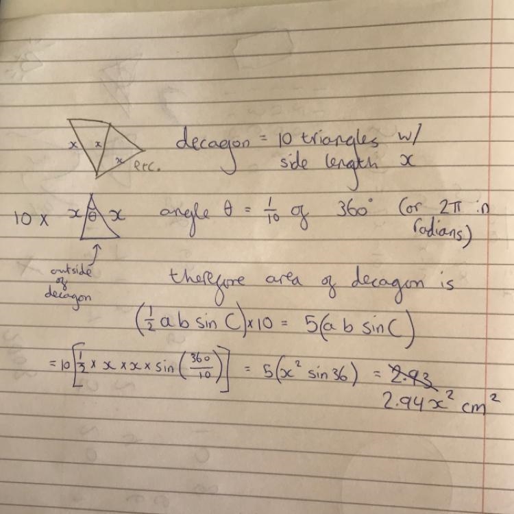 Work out the AREA OF A REGULAR DECAGON which is inscribed in a circle that has radius-example-1