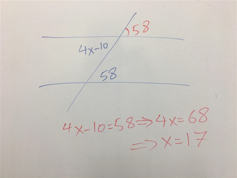 The value of x is < (4x-10) 58°-example-1