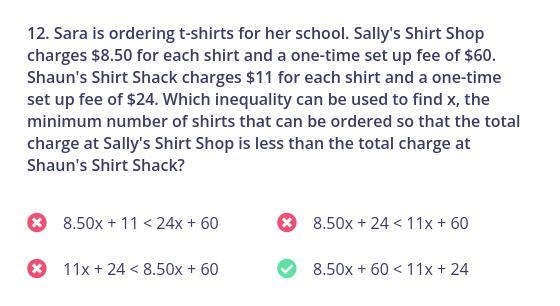 Sara is ordering t-shirts for her school. Sally's Shirt Shop charges $8.50 for each-example-1