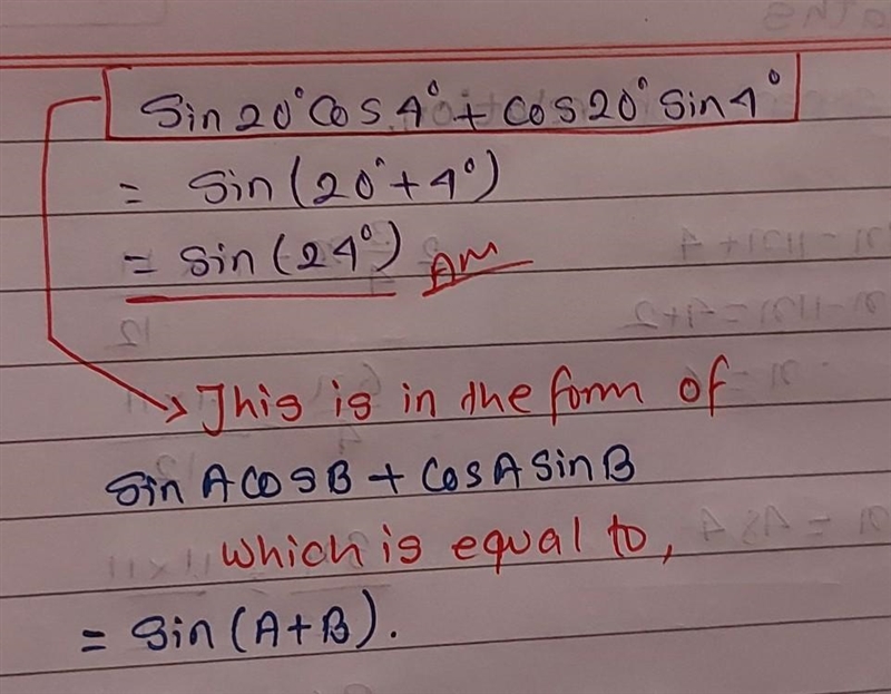 What is sin 20° cos 4° + cos 20° sin 4º equal to?-example-1