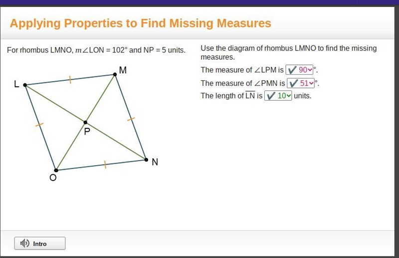 Rhombus LMNO is shown with its diagonals. Rhombus L M N O is shown. Diagonals are-example-1