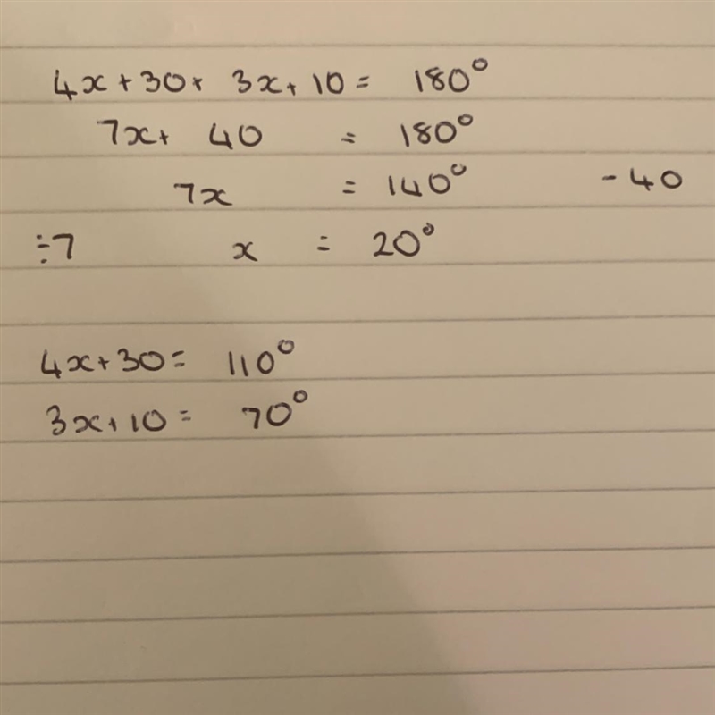 Use angle relationships to complete the top equation. Then, solve for x and find the-example-1