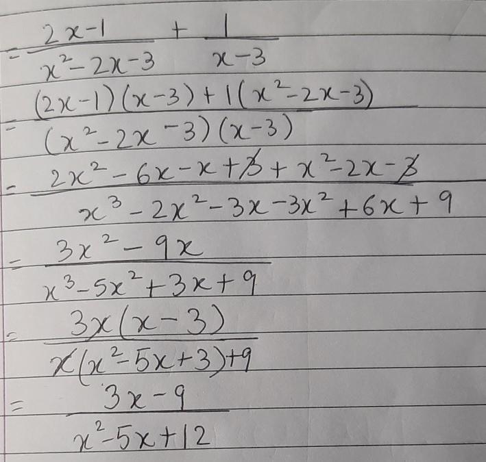 Simplify (2x-1/x^2-2x-3) + (1/x-3) Please provide a step by step-example-1