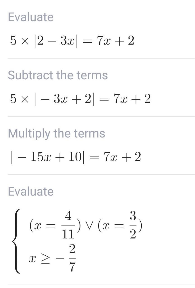 Solve the equation 5 | 2-3x |= 7x + 2-example-1