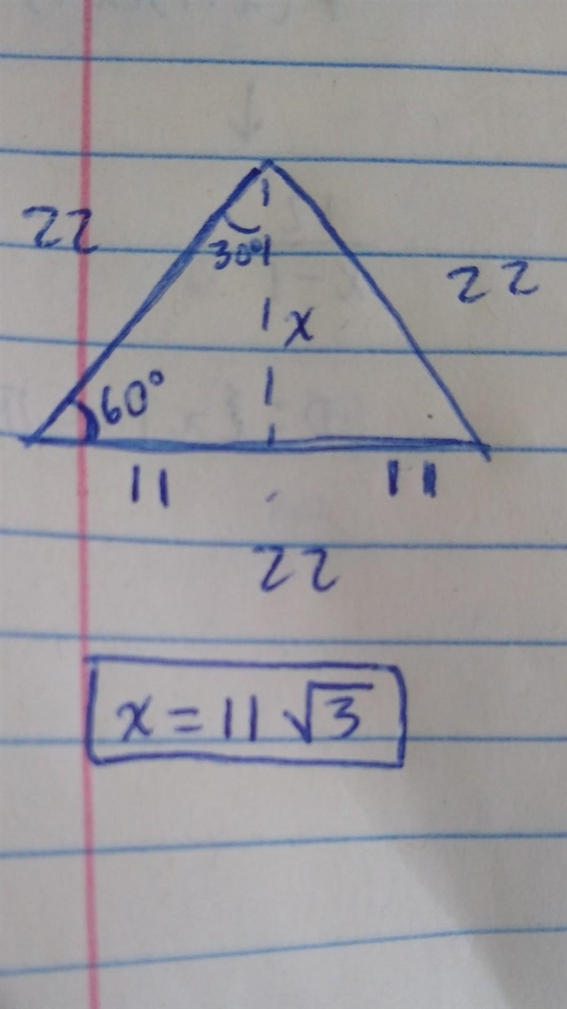 The side of an equilateral triangle is 22. Find the exact length of the altitude. Use-example-1