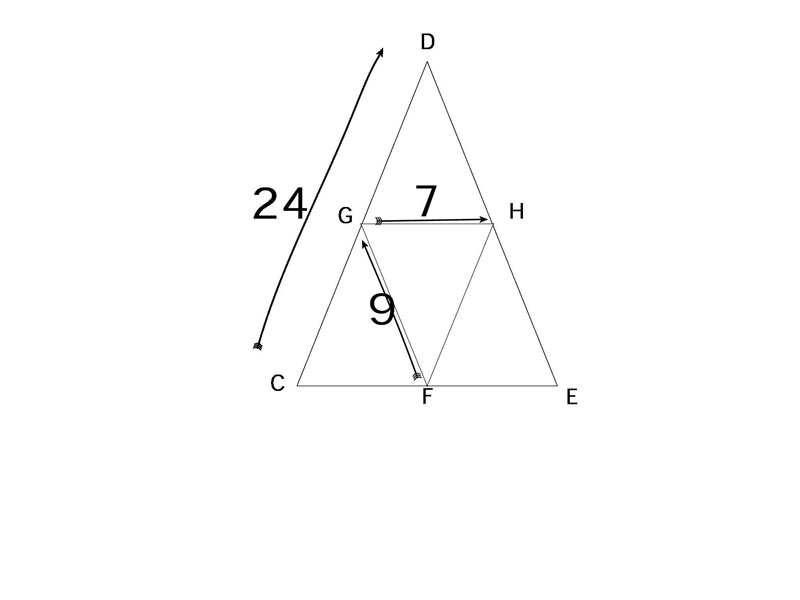 If F,G and H are midpoints of the sides of triangleCDE, FG=9, GH=7, and CD=24, find-example-1