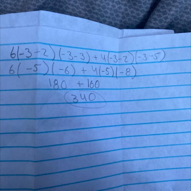 What is the value of 6(x-2)(x-3) + 4(x - 2)(x-5) when x = -3? 105 31 4 1/2 or 3/2-example-1