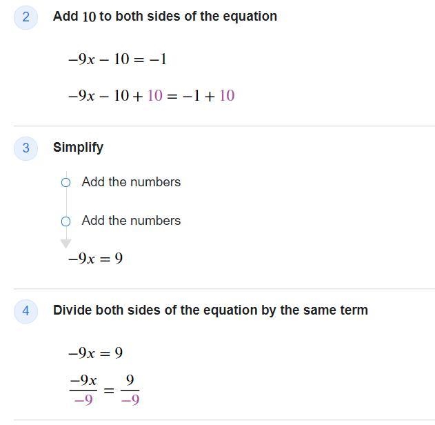 -10 - 9x = -1 show/explain ur work-example-2