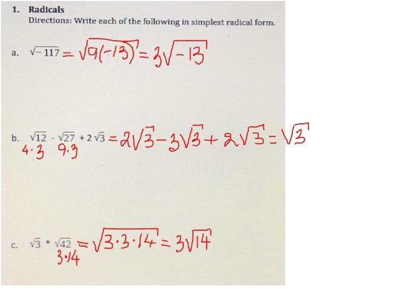 Simplifying Radicals in simplest radical form Ra... a. v-117 b. V12 - 27 + 2 V3 c-example-1