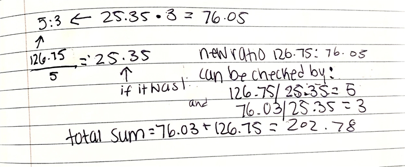 Two friends natasha and tricia share a sum of money in the ratio 5:3 respectively-example-1