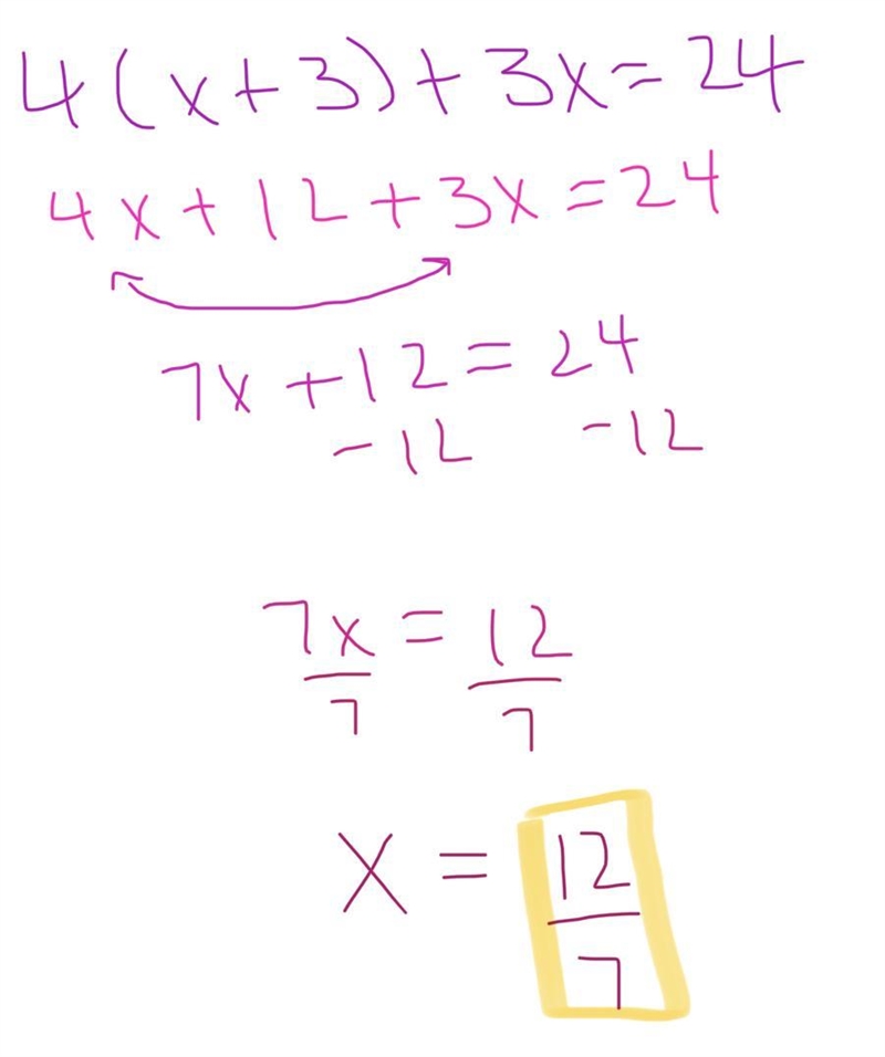 4(x + 3) + 3x = 24 Step by step please-example-1