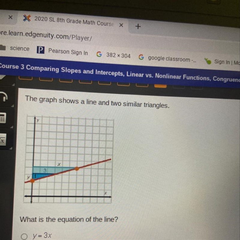 The graph shows a line and two similar triangles. What is the equation of the line-example-1