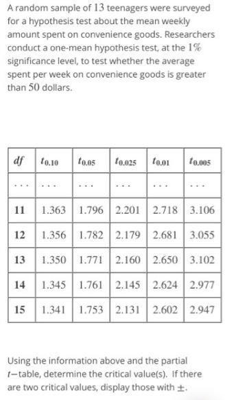 A random sample of 13 teenagers were surveyed for a hypothesis test about the mean-example-1