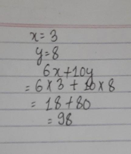 What is the value of the expression below when x=3 and y=8? 6x +10y-example-1