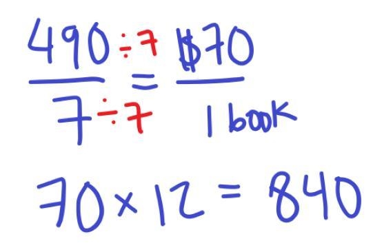 If 7 books cost $490, what is the cost of one dozen books​-example-1